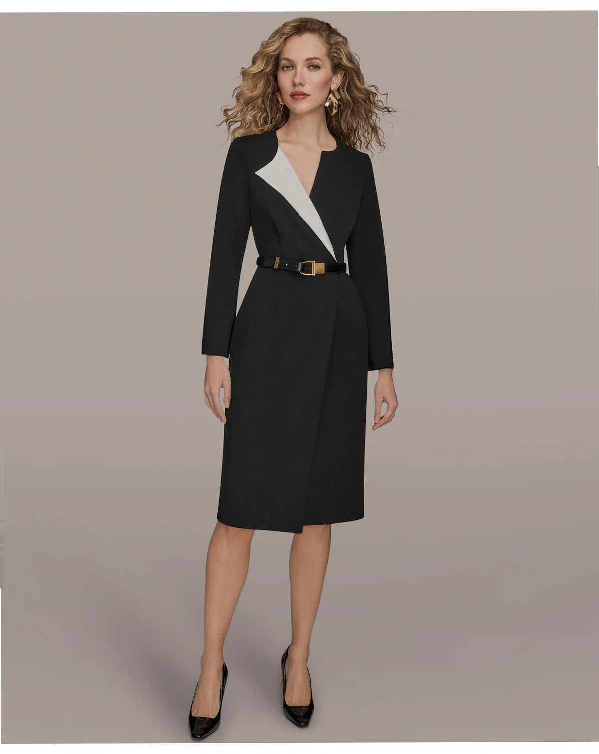 Women's Long-Sleeve Belted Midi Dress