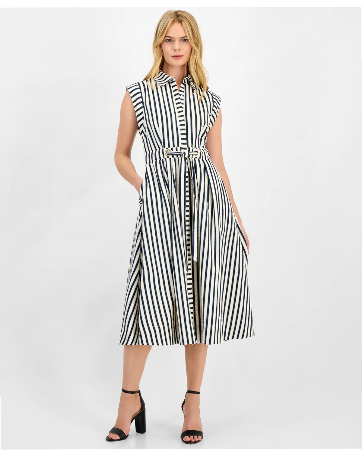 Women's Striped Belted Midi Shirtdress