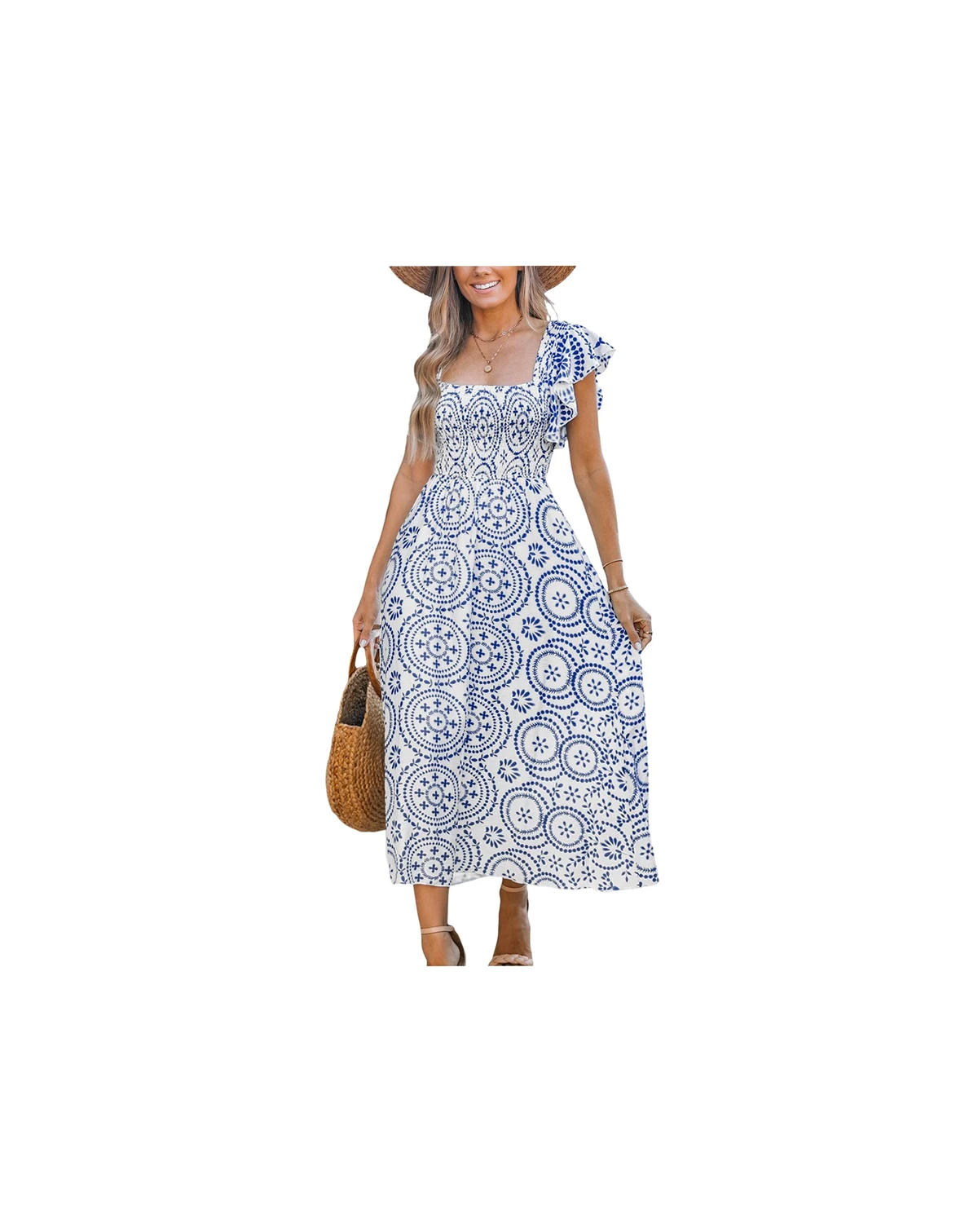 Women's Blue Ornate Square Neck Midi Beach Dress