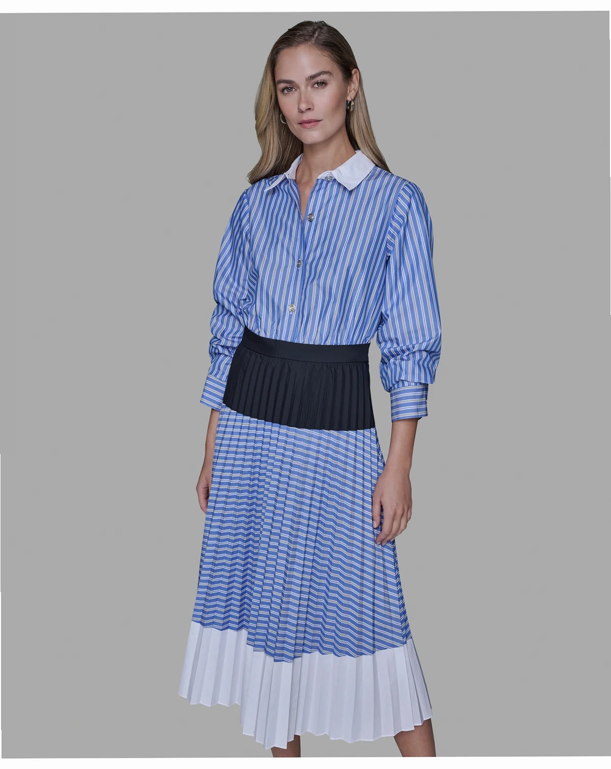 Women’s 3/4 Sleeve Colorblock Pleated Midi Dress