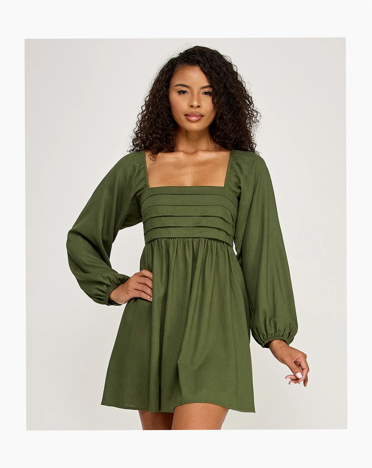 Women's Pleated Tie Back Long-Sleeve Baby Doll Dress