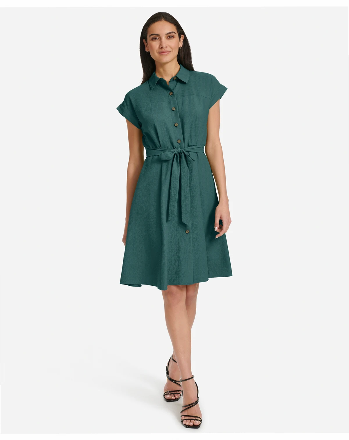 Women's Belted Cap-Sleeve Shirt Dress