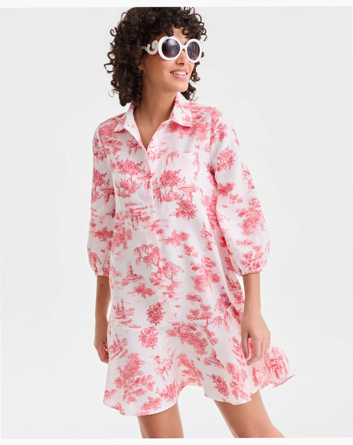 Women's 100% Linen Print Button-Front 3/4-Sleeve Dress, Macy's Exclusive