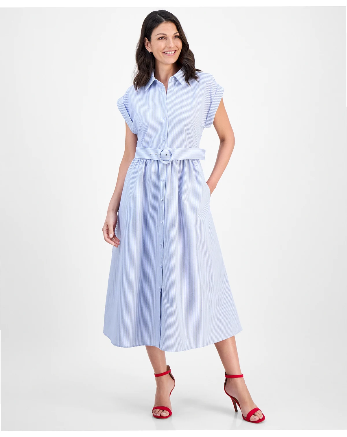 Women's Striped Belted Midi Shirtdress