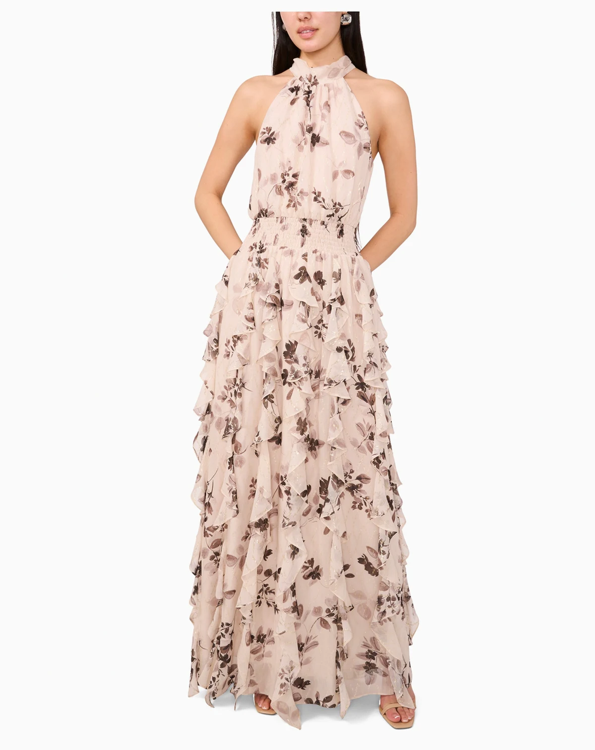 Women's Floral Smocked Cascade-Ruffle Halter Maxi Dress