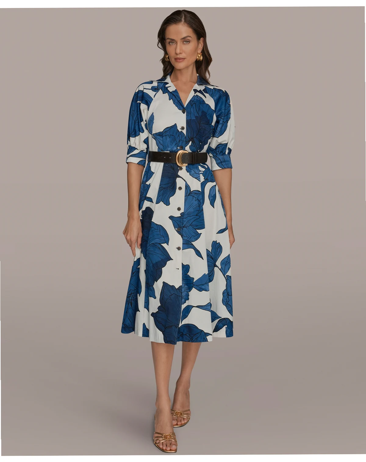 Women's Floral Belted A-Line Shirt Dress