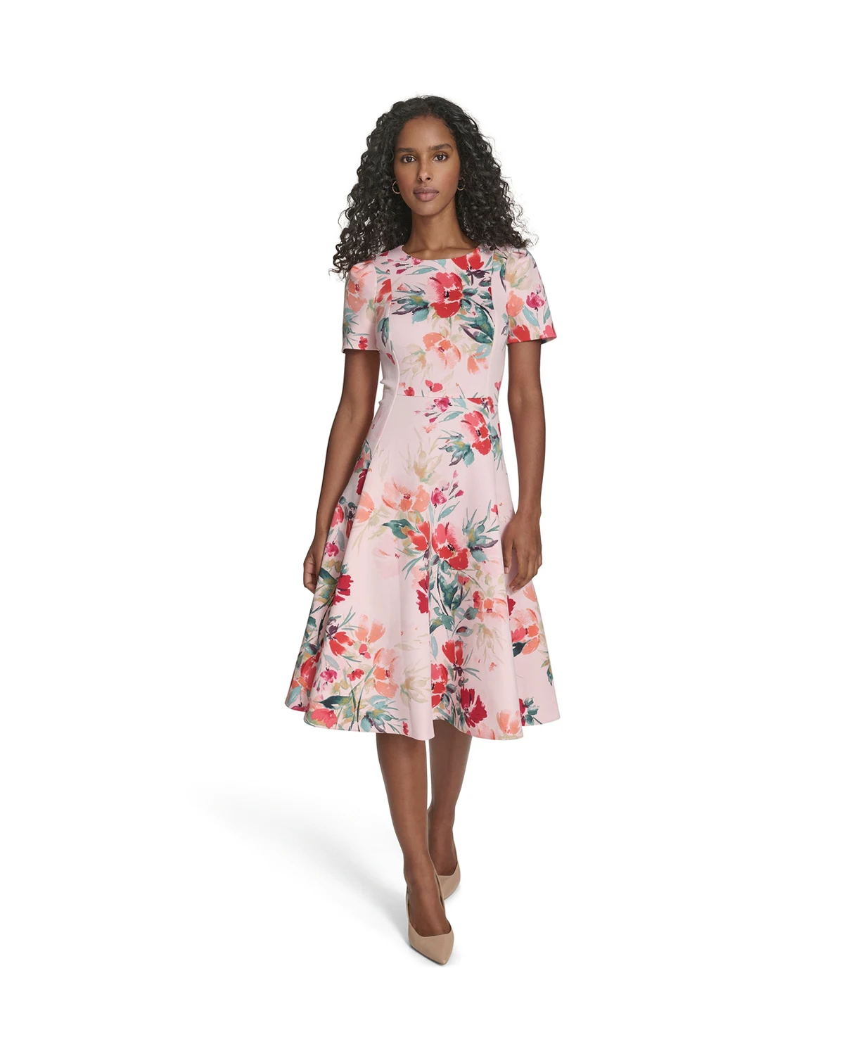Women's Short-Sleeve Printed Midi Dress