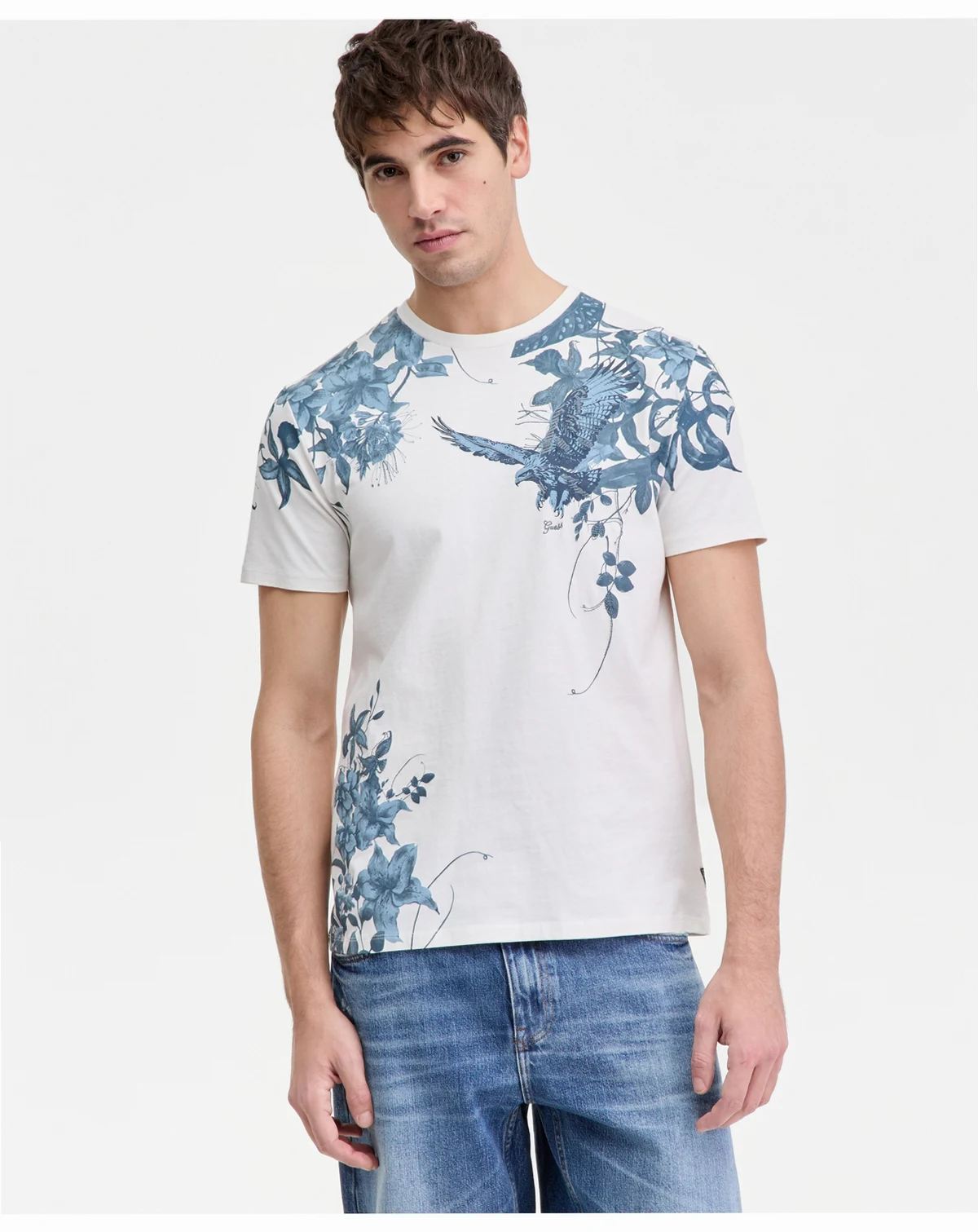 Men's Relaxed Fit Short Sleeve Crewneck Floral Hawk Print T-Shirt