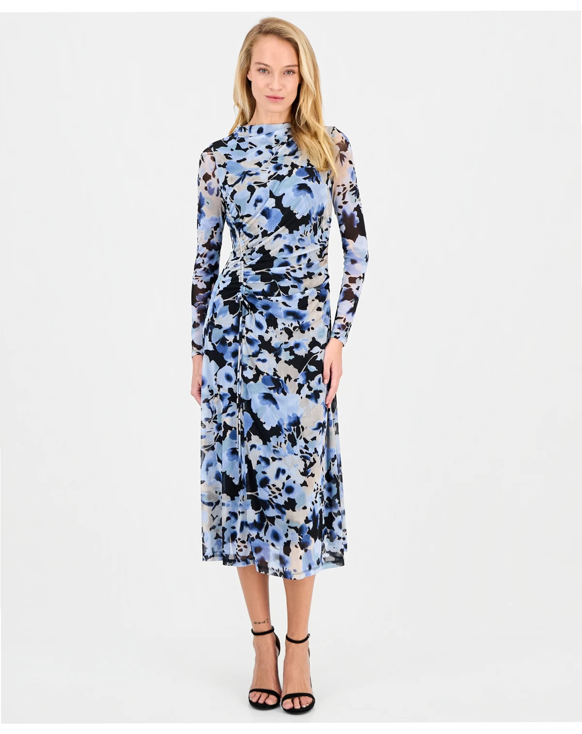 Women's Mesh Printed Ruched A-Line Midi Dress