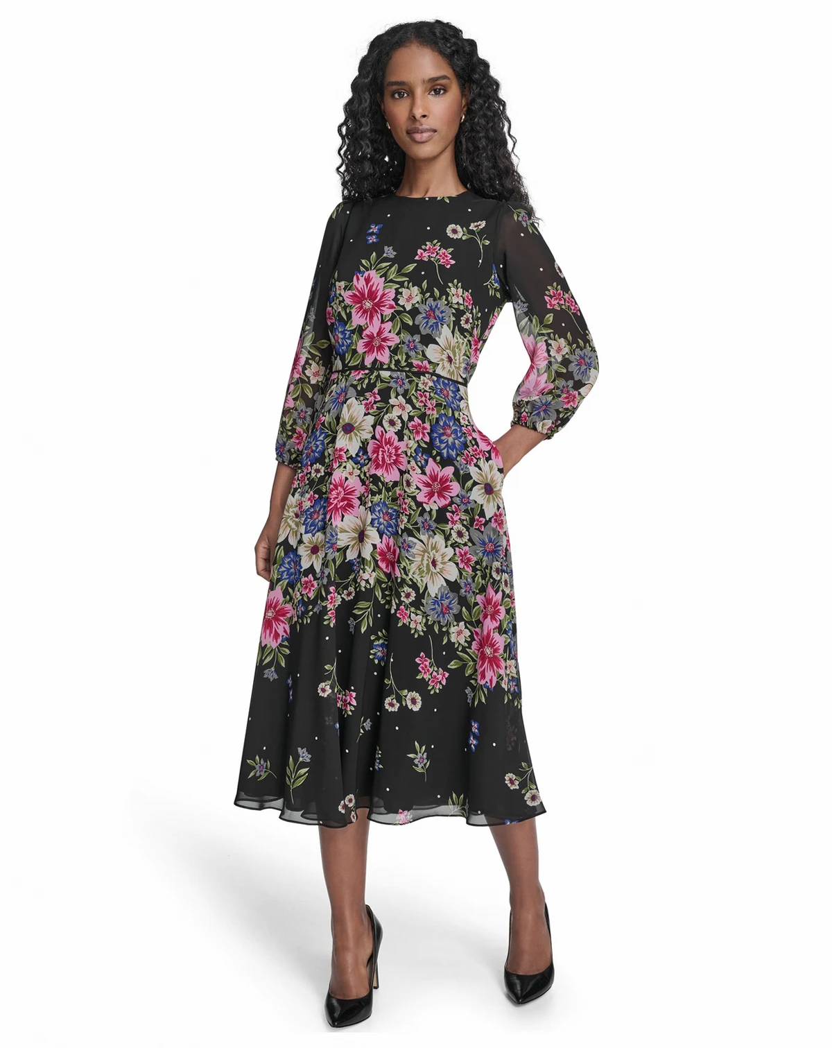 Women's Crewneck Balloon-Sleeve Midi Dress