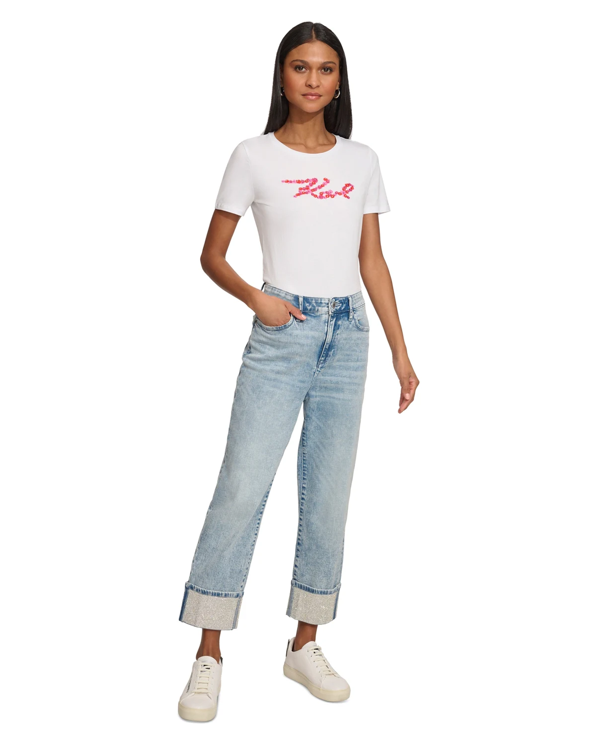 Women's High-Rise Crystal-Cuff Jeans
