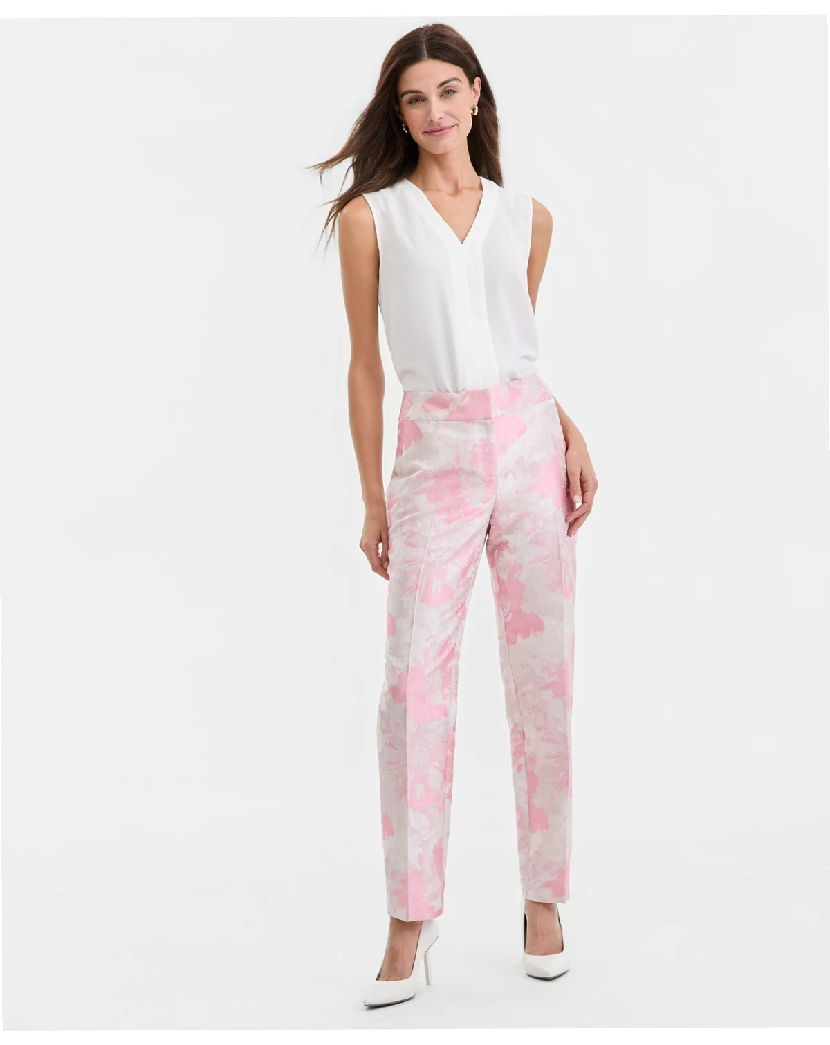 Women's Floral Jacquard High-Rise Slim Pants, Regular & Petite