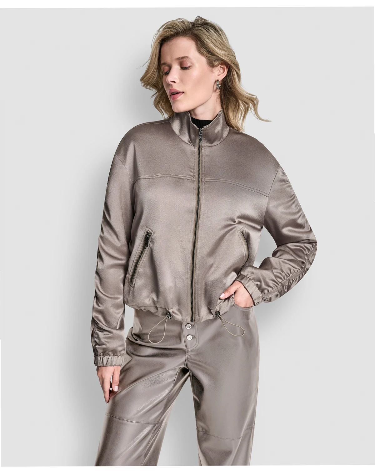 Women's Mock Neck Ruched Cropped Bomber Jacket