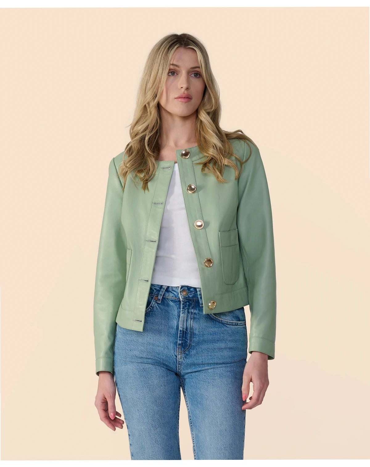 Women's Cropped Leather Jacket With Gold Buttons, Created for Macy's