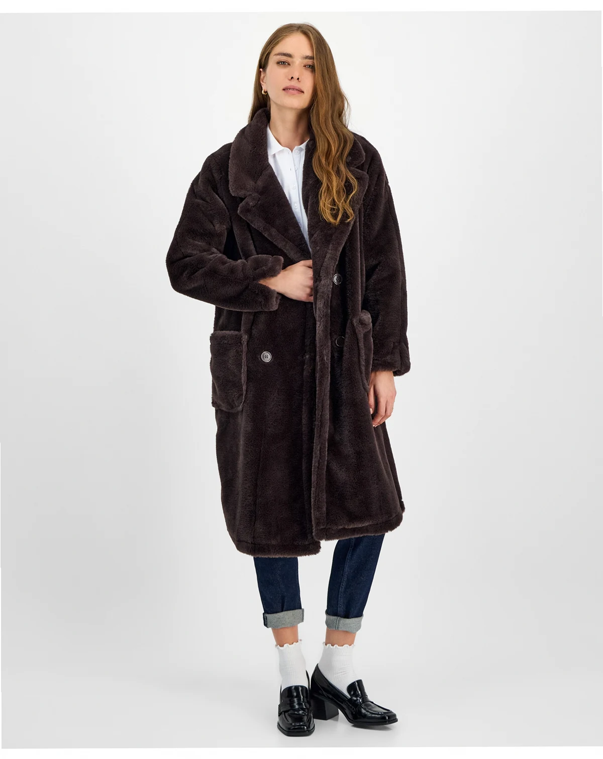 Juniors' Faux-Fur Double-Breasted Coat, Created for Macy's