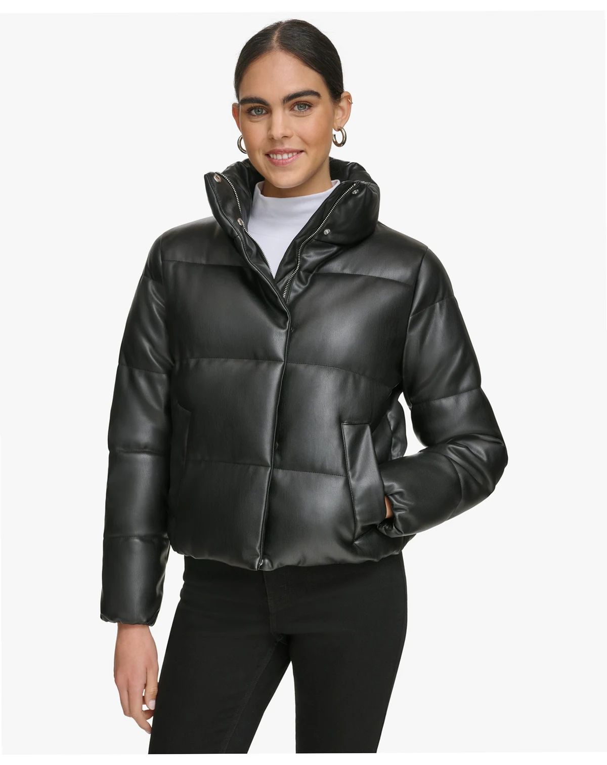 Women's Short Faux-Leather Puffer Jacket