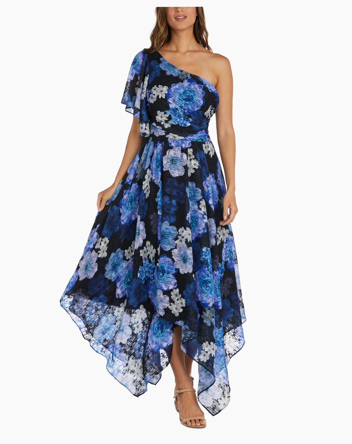 Petite One-Shoulder Handkerchief-Hem Dress