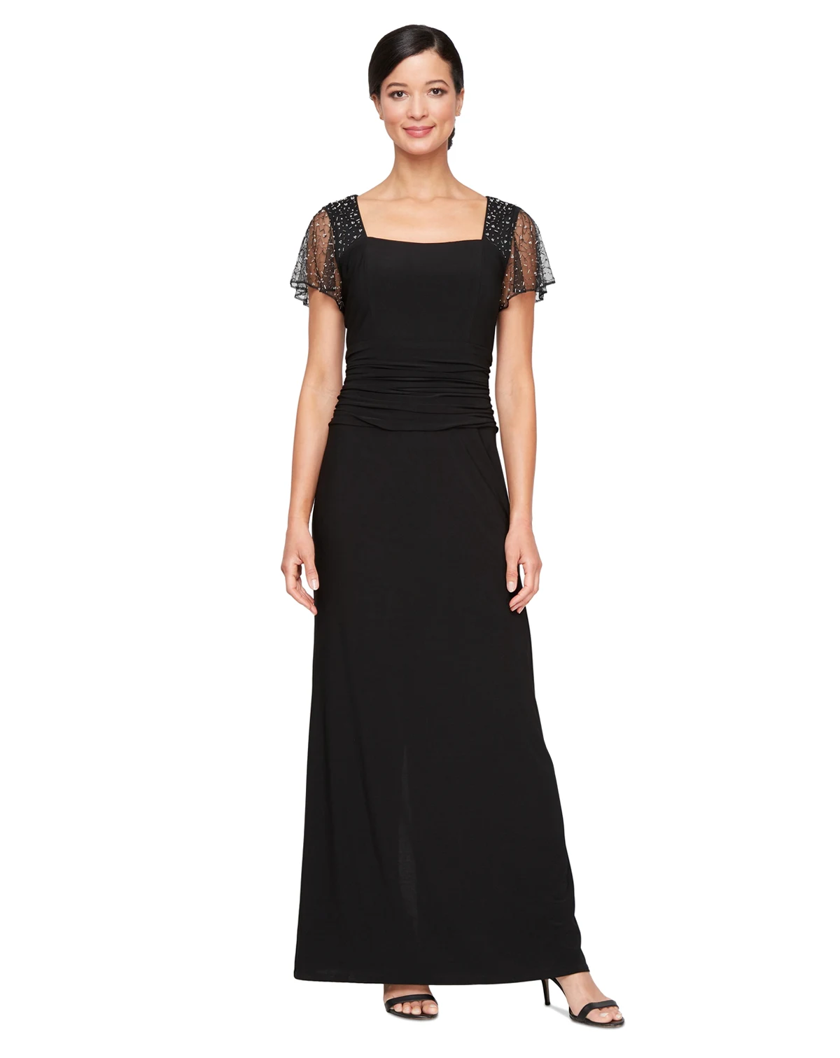 Petite Beaded Flutter-Sleeve Ruched Gown