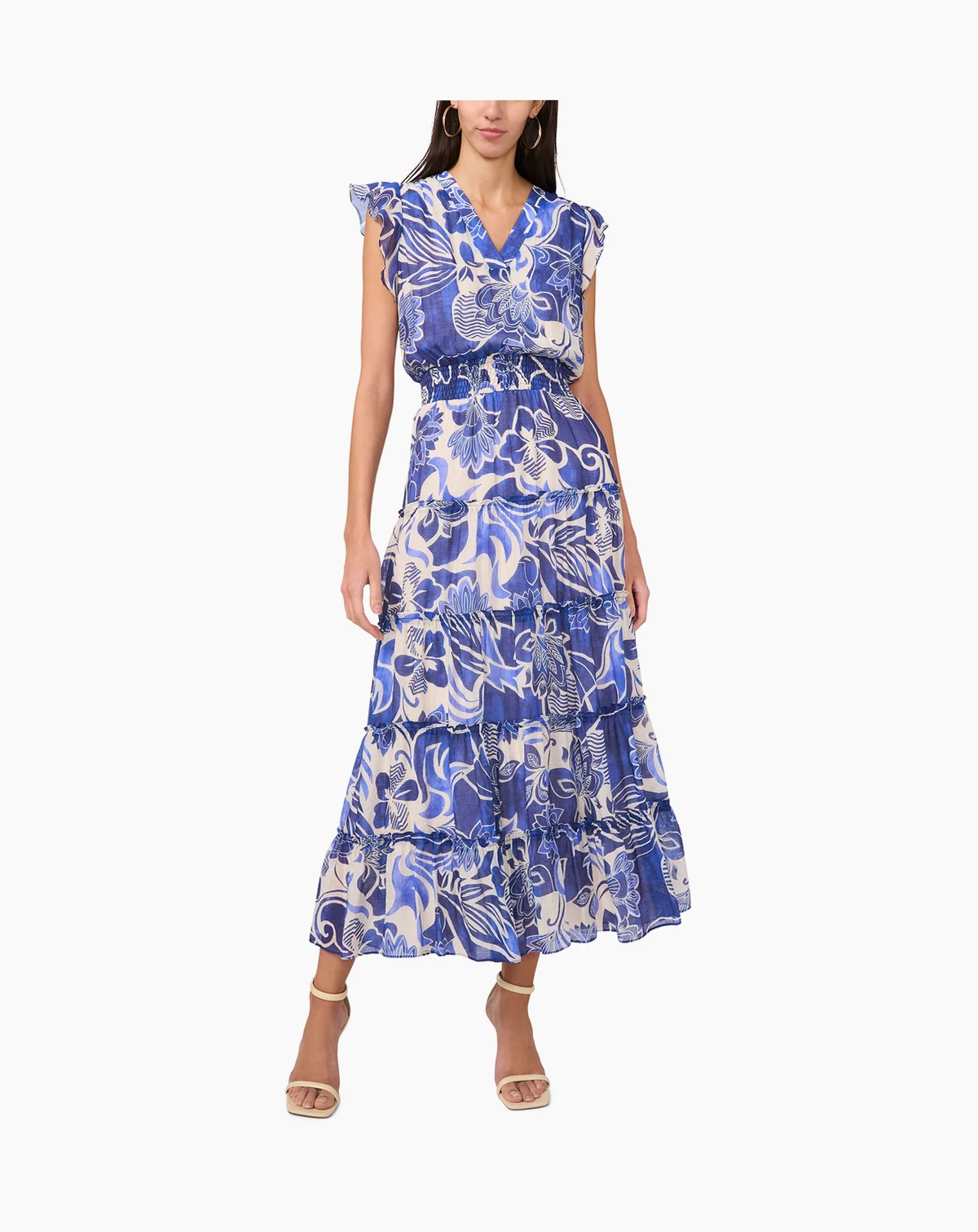 Petite Split Neck Flutter-Sleeve Tiered Maxi Dress