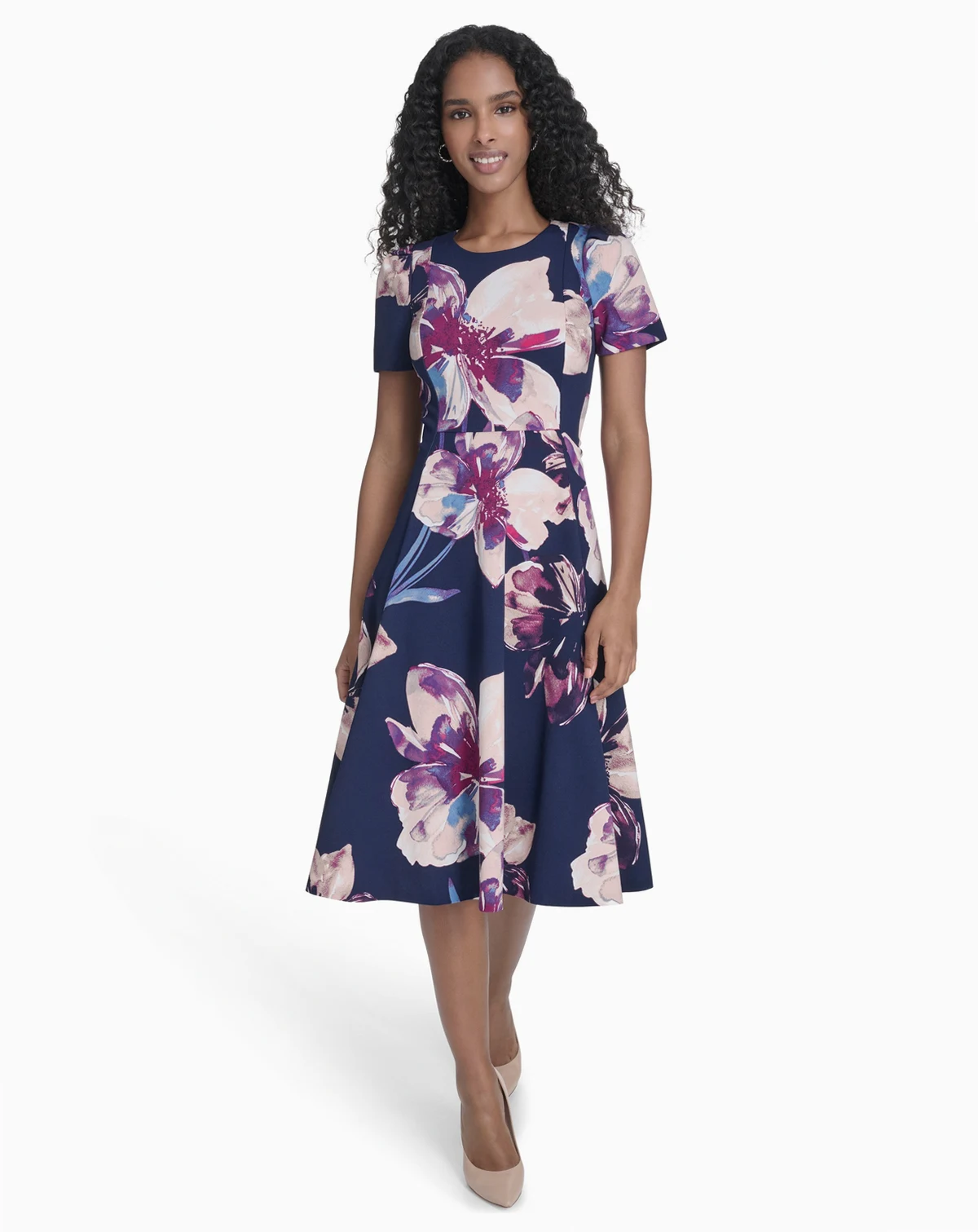 Women's Printed Crew Neck Midi Dress