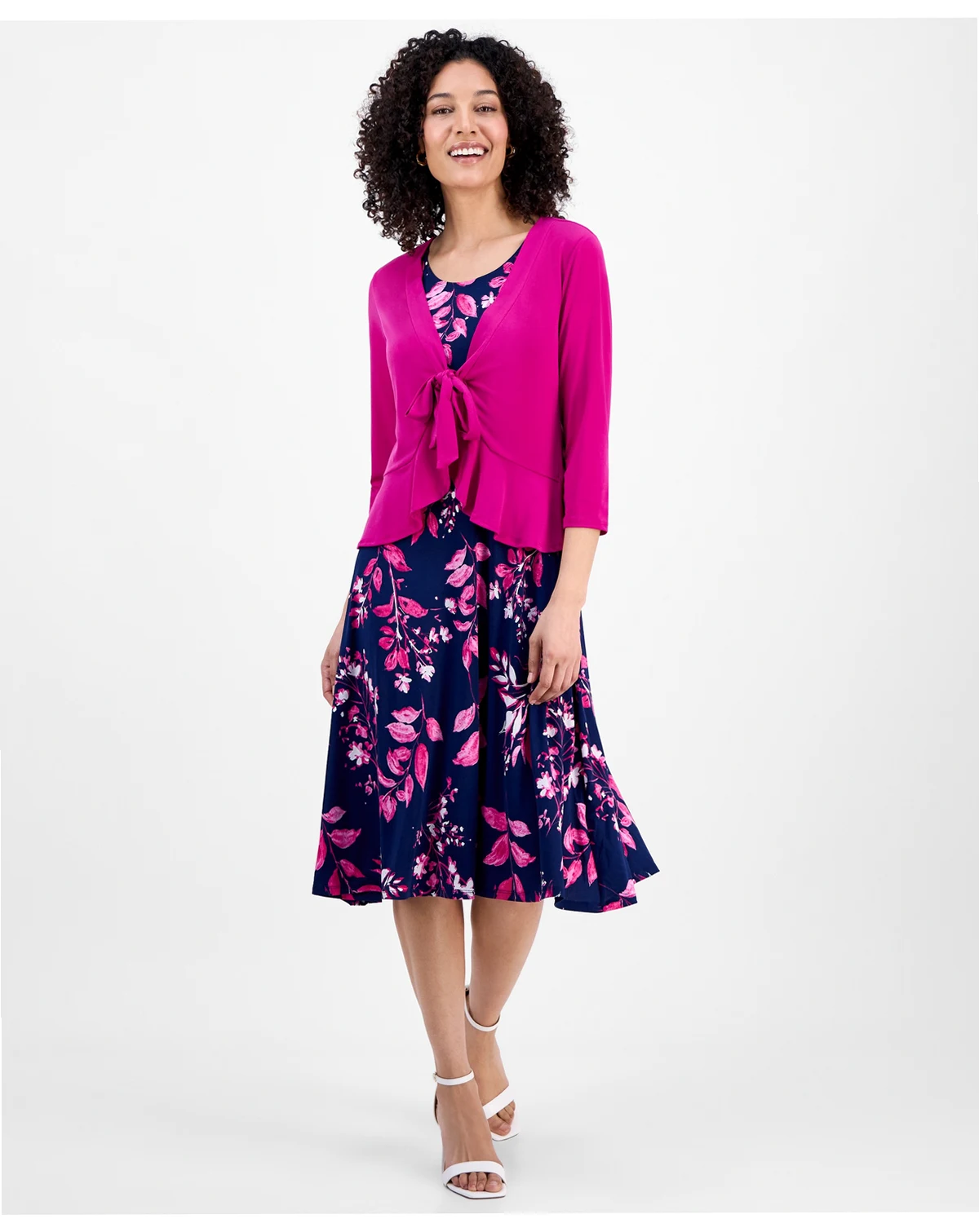 Petite 2.Piece Tie-Front Bolero Jacket & Floral-Print Sleeveless Fit & Flare Dress