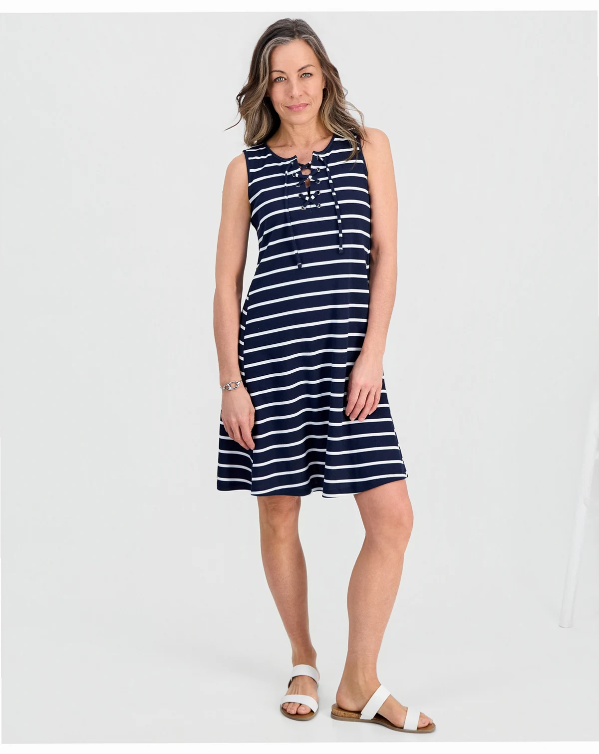Petite Striped Knit Sleeveless Lace-Up Dress, Macy's Exclusive