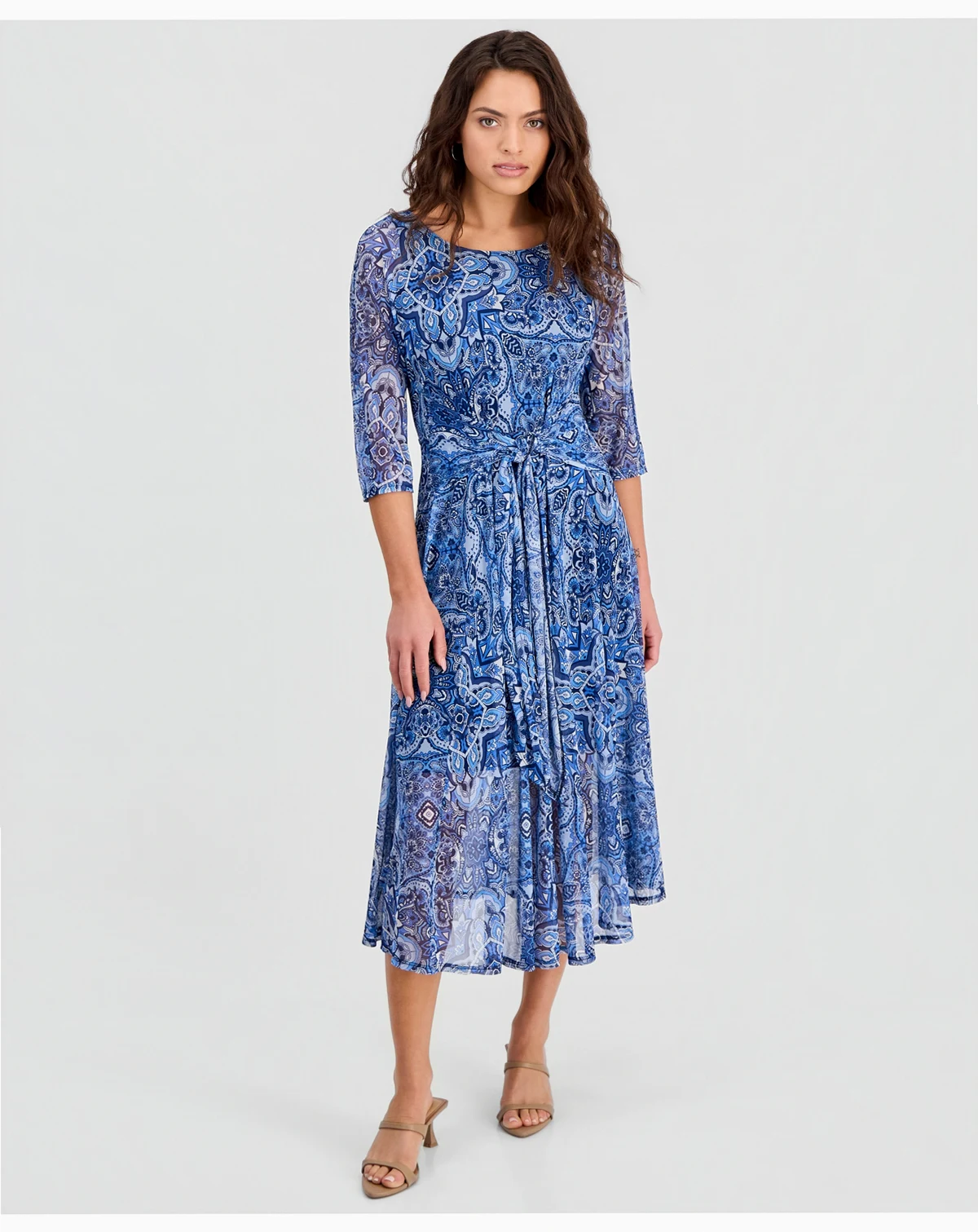Petite Tie-Front 3/4-Sleeve Mesh Midi Dress