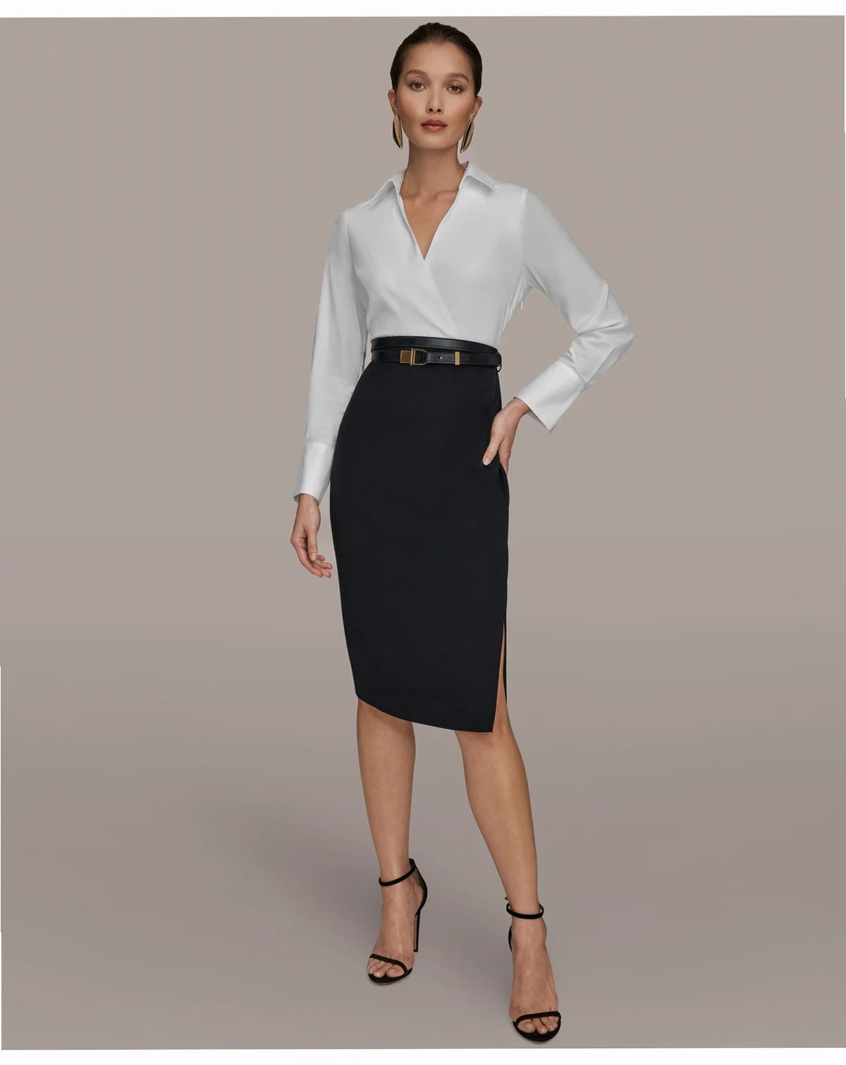 Women's V-Neck Belted Contrast Wrap Sheath Midi Dress