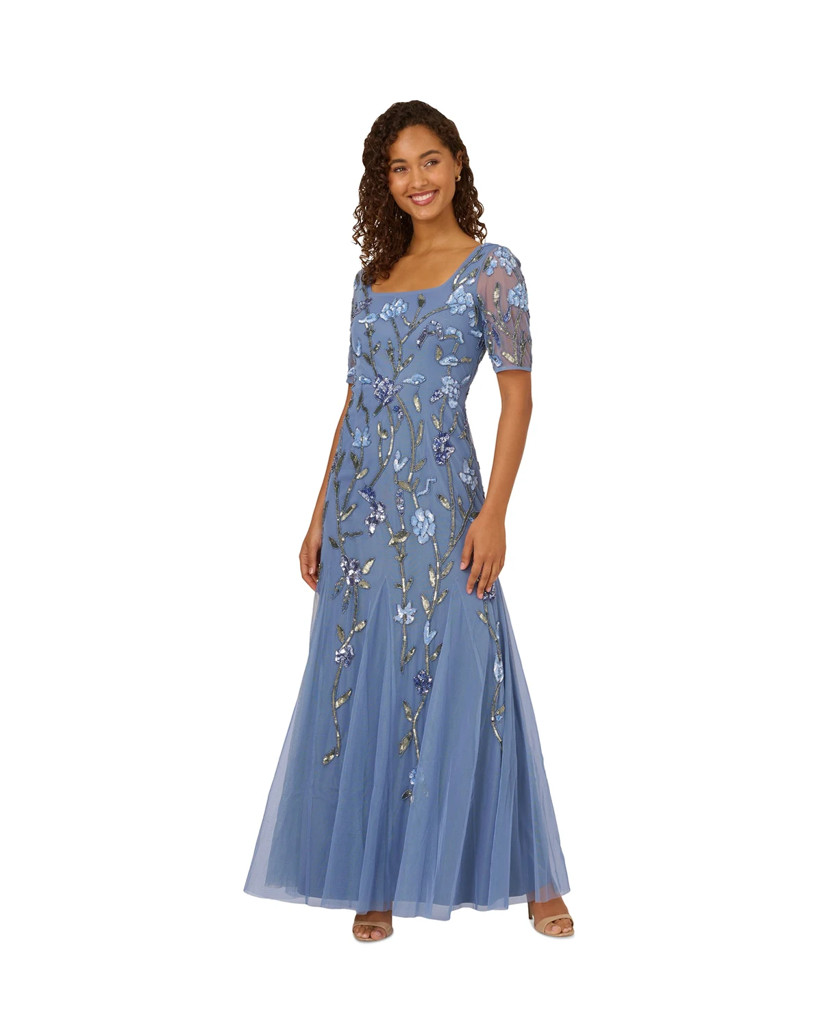 Women's Petite Beaded Square Neck Long Dress