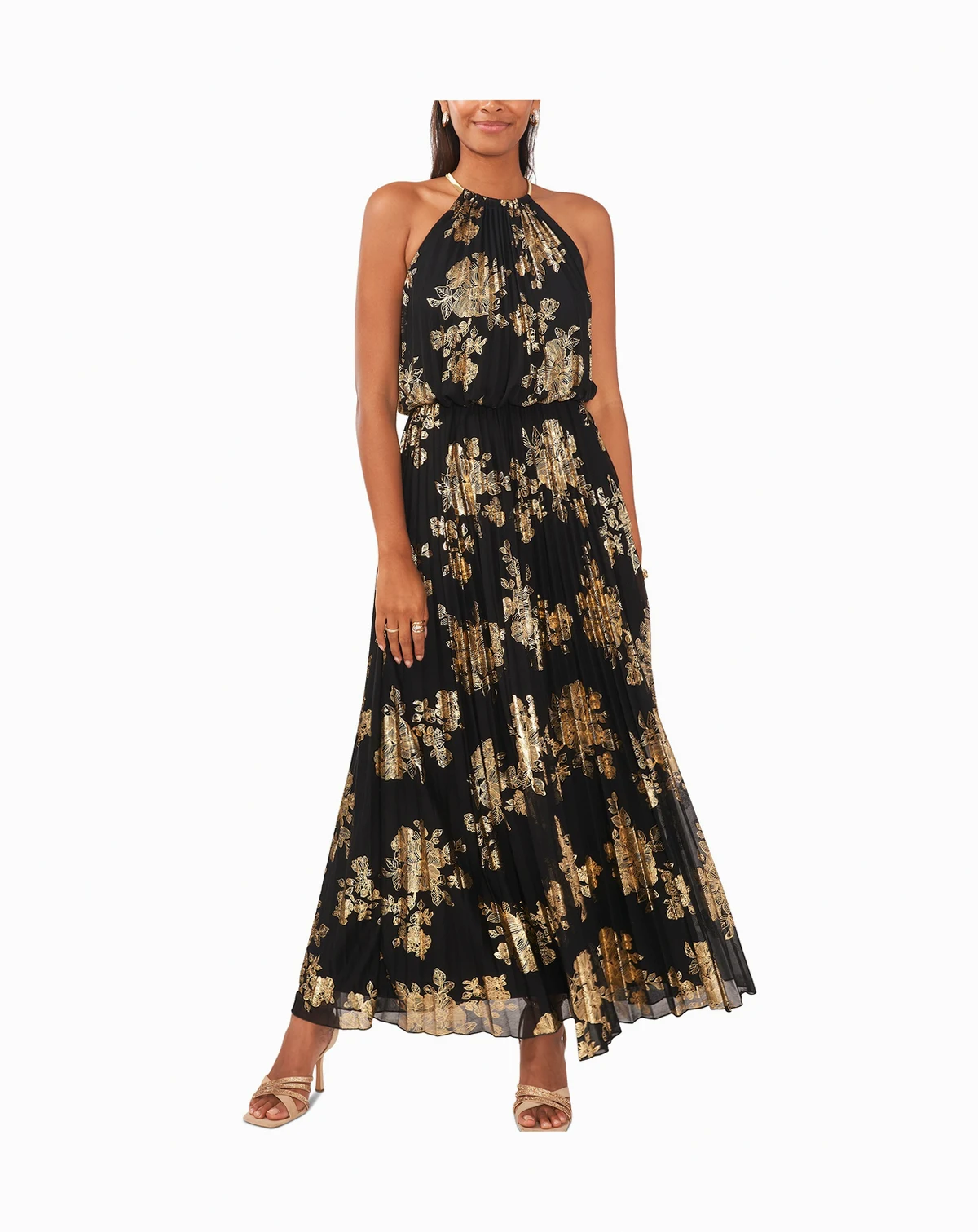 Metallic-Print Pleated Blouson Gown