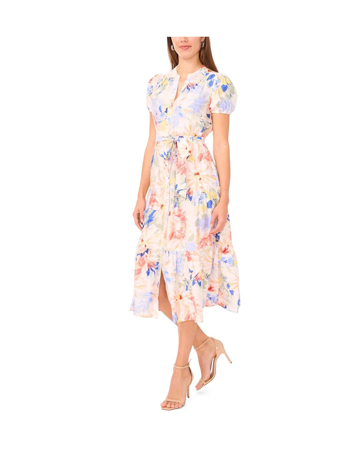 Petite Split Neck Puff-Sleeve Tiered Maxi Dress