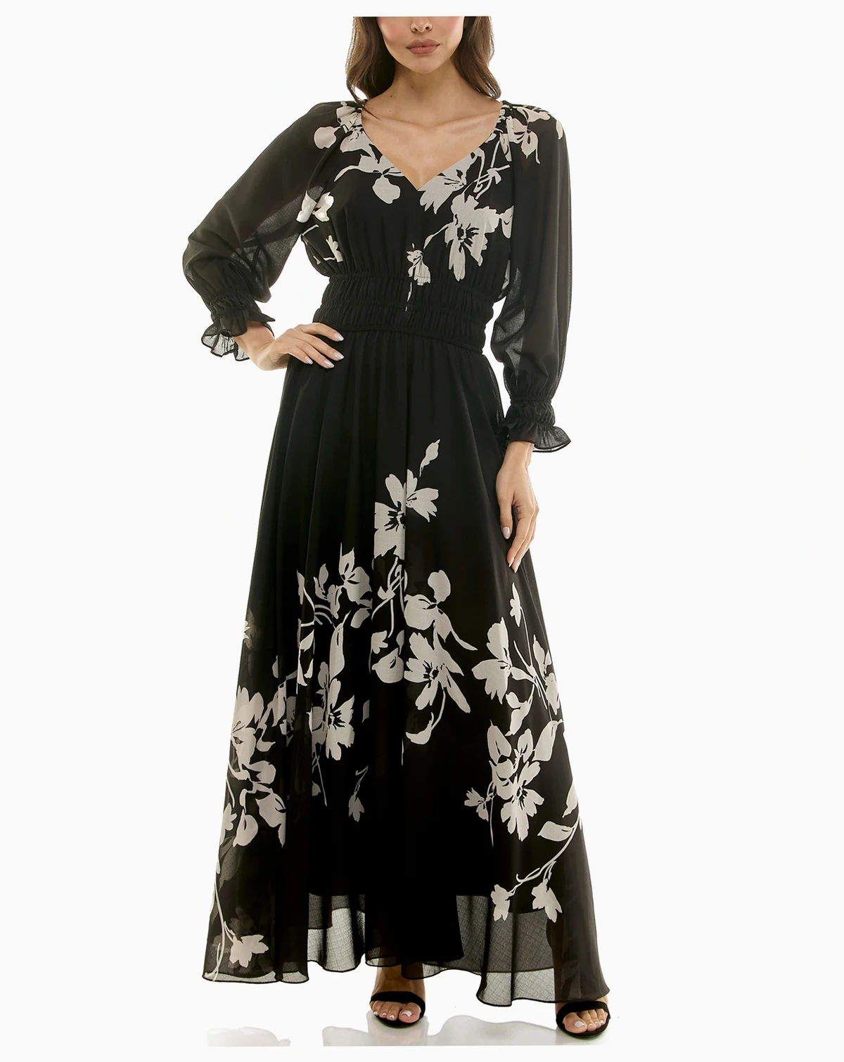 Women's Pleated Long-Sleeve Chiffon Midi Dress