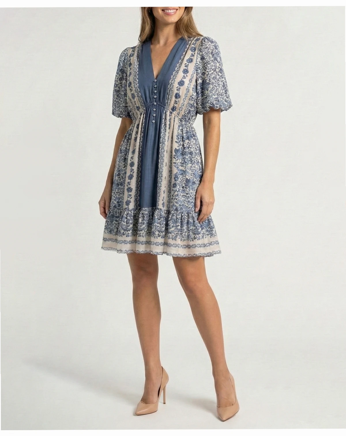 Women's Petite Puff-Sleeve Ruffled-Hem Dress