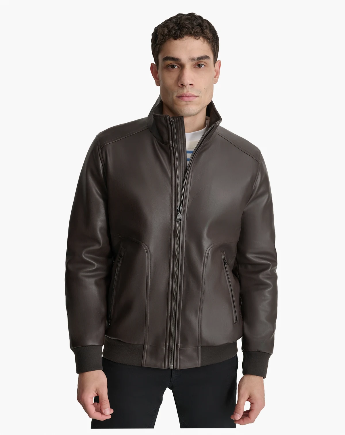 Men's Smooth Faux-Leather Bomber Jacket