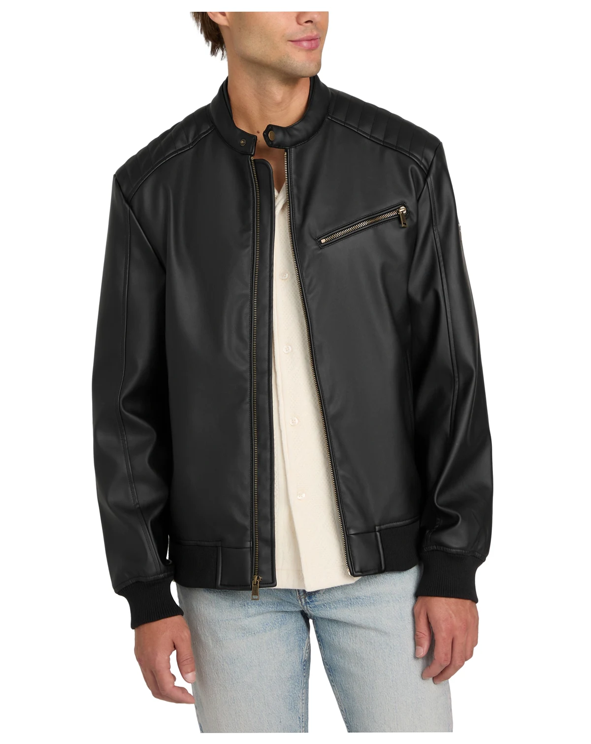Men's Stretch Faux Leather Snap Collar Moto Jacket