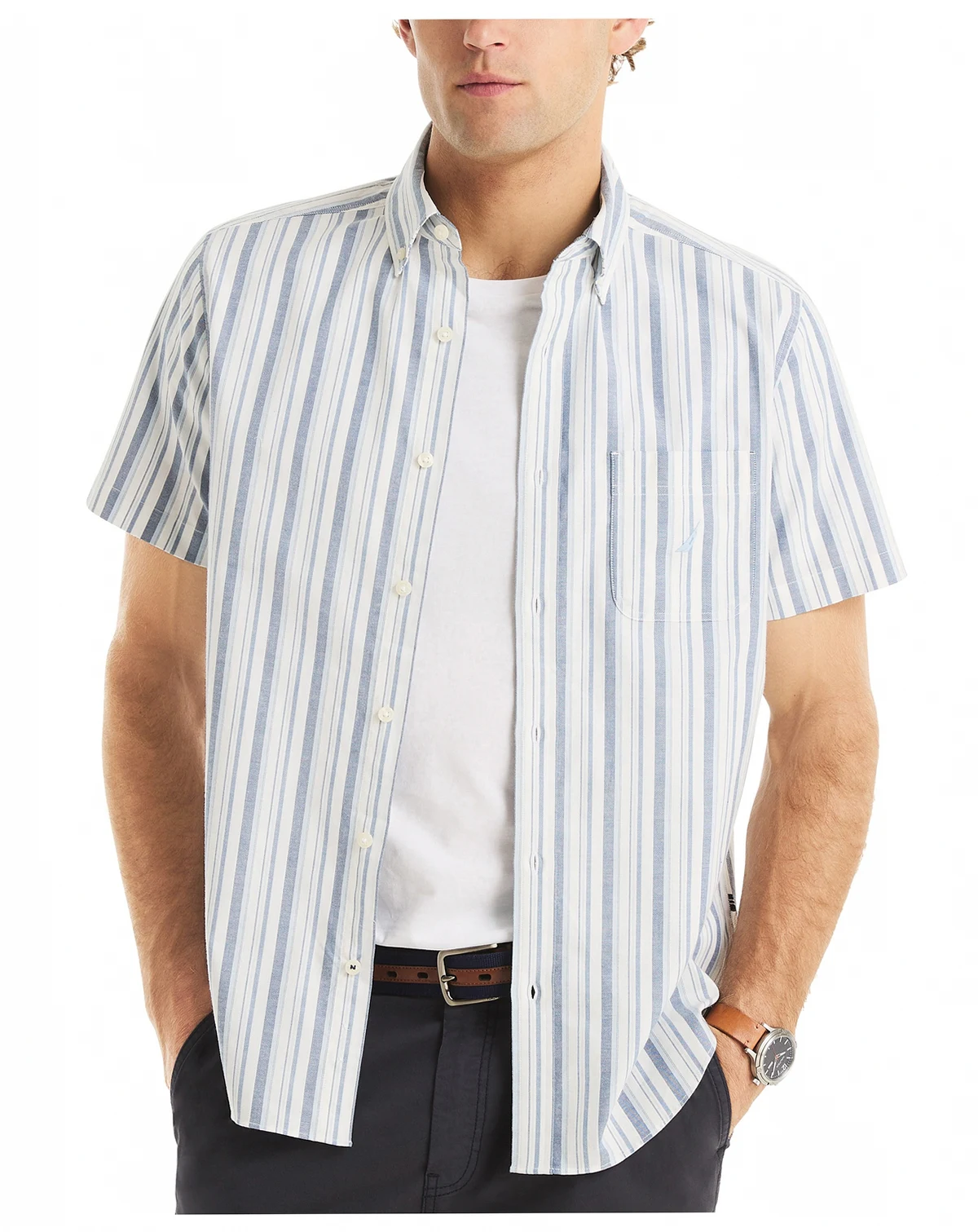 Men's Short Sleeve Striped Button-Down Oxford Shirt