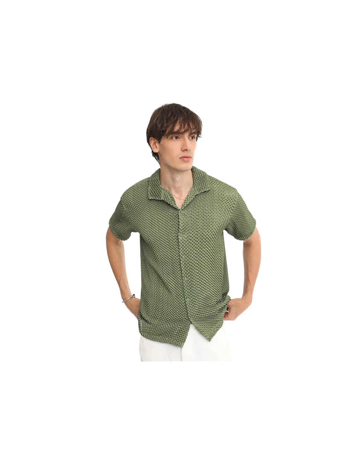 Men's Olive Green Puffy-Textured Shirt