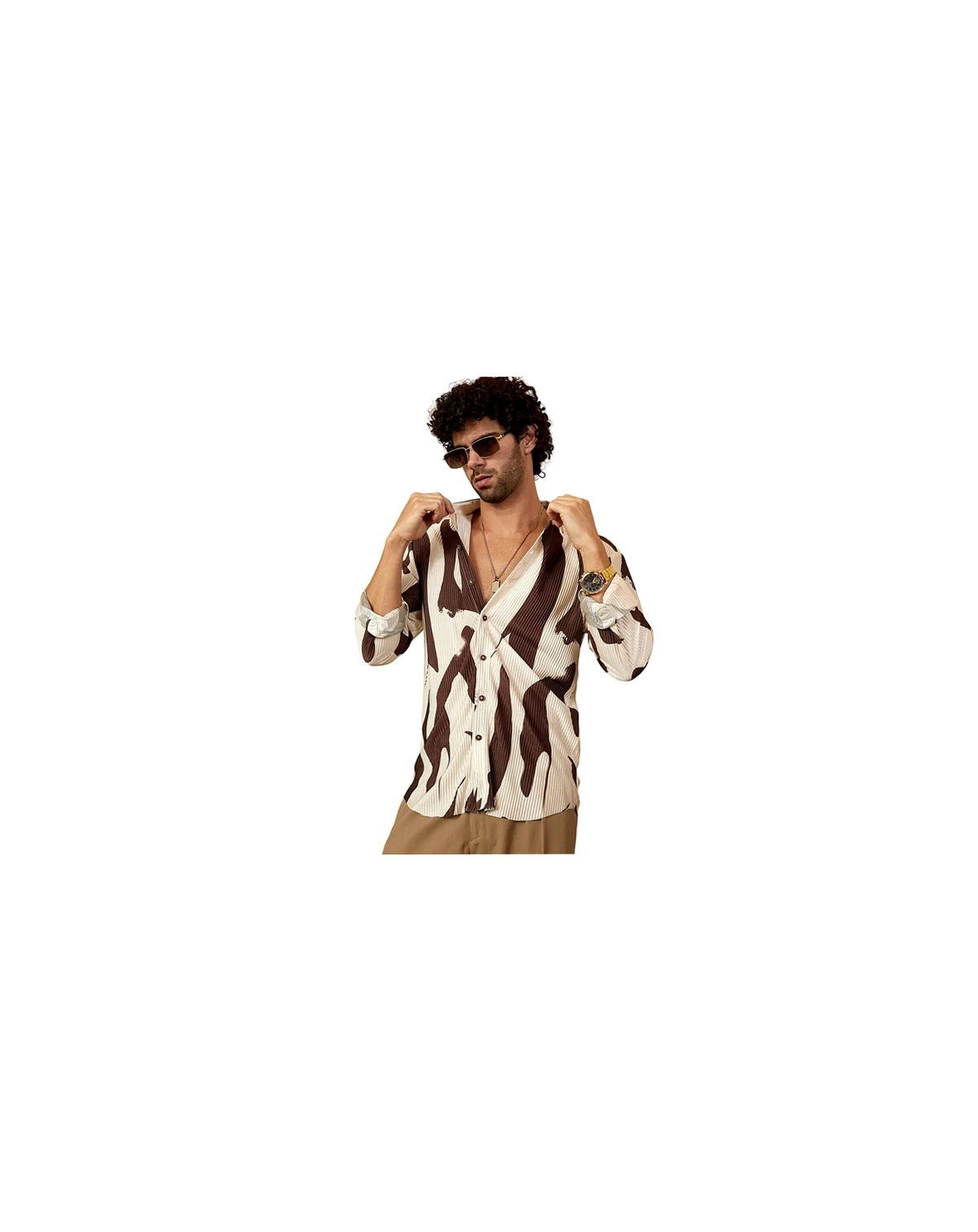 Men's Chocolate Brown & Daisy White Contour-Lines Pleated Shirt