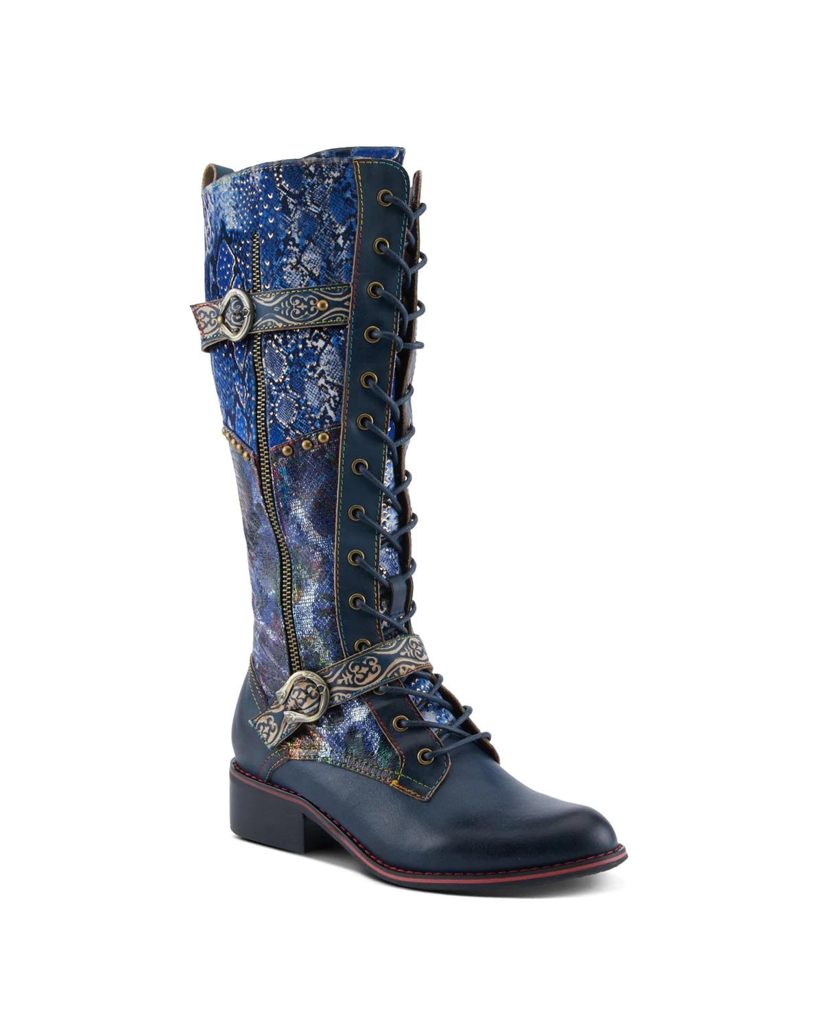Women's Vaneyck Tall Boots with Iridescent Leather, Double Buckle Detail, Lace-Up and Zipper Closure, Rainbow Stitching – Cold-Weather Style