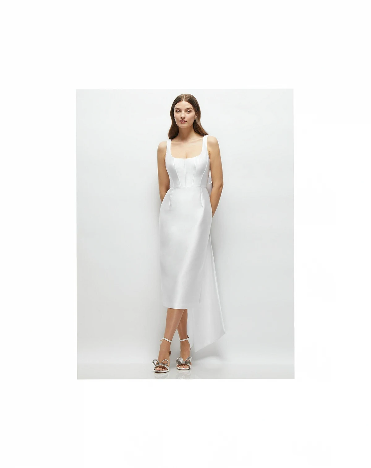 Scoop Neck Corset Satin Midi Dress with Floor-Length Bow Tails