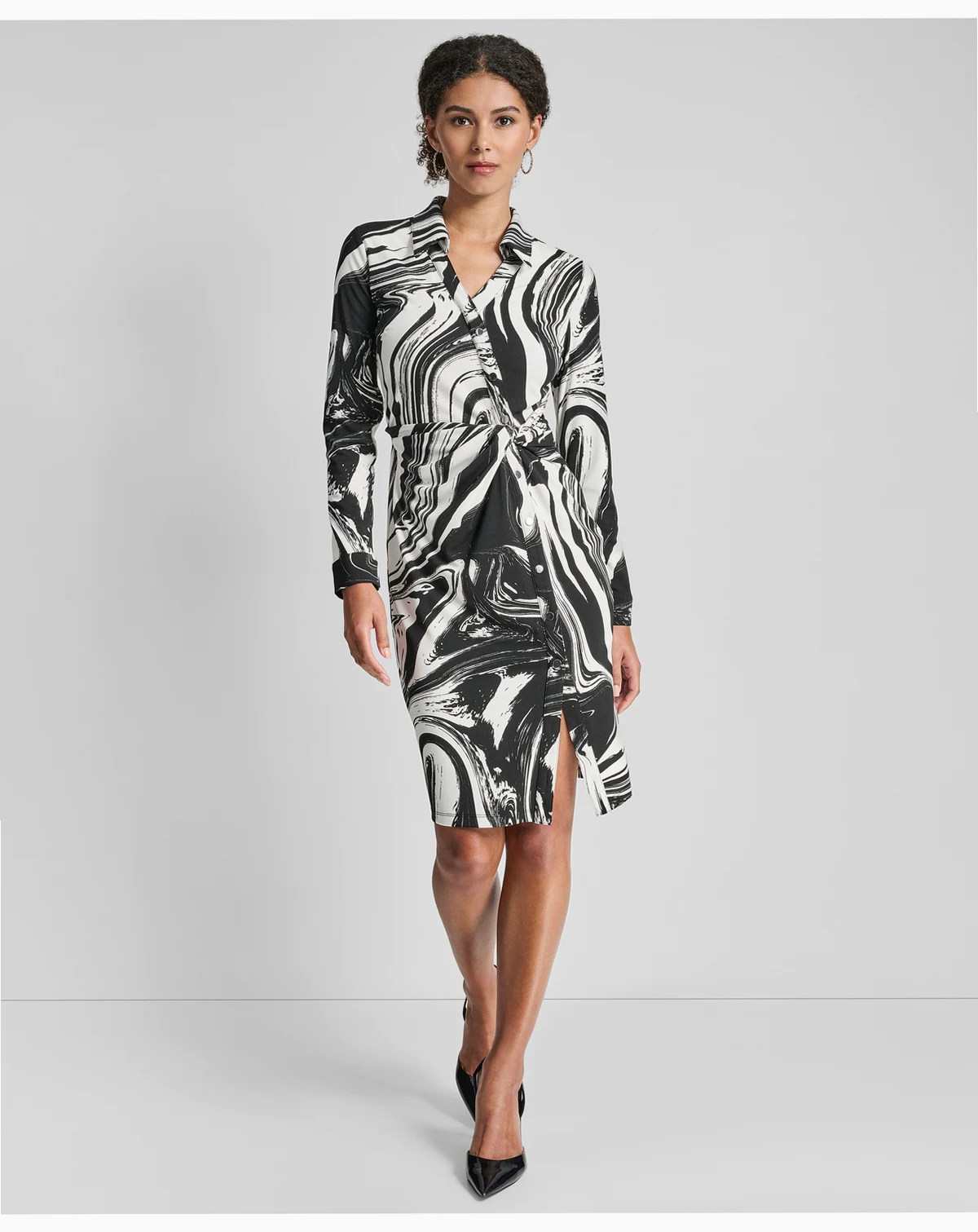 Women's Long Sleeve Asymmetrical Knot Button Front Sheath Dress