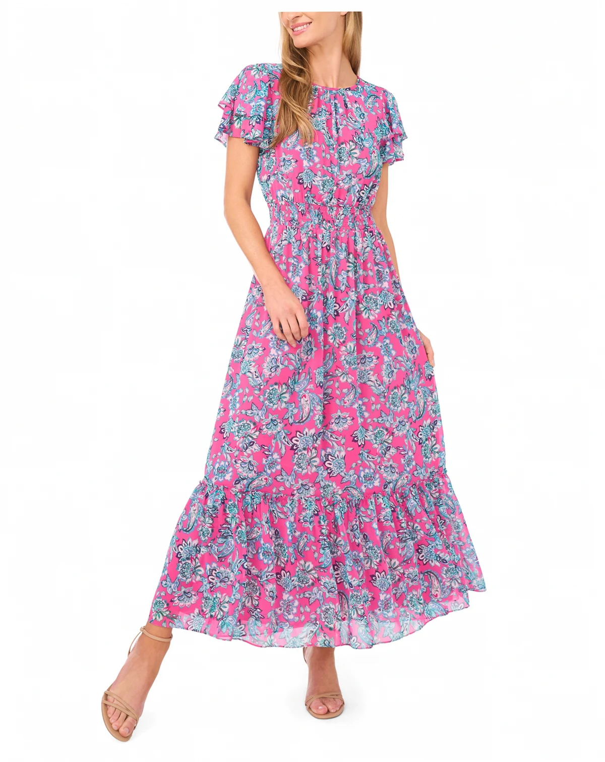 Women's Double Ruffle Short-Sleeve Maxi Dress