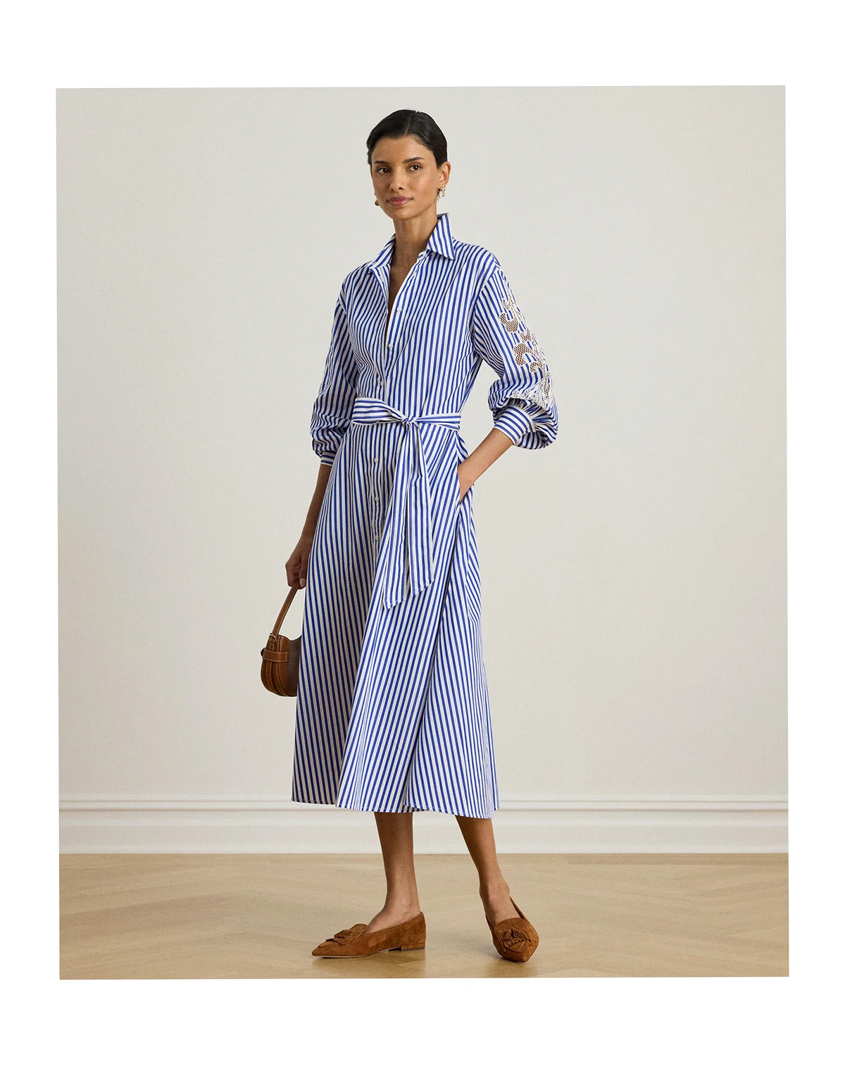 Women's Striped Eyelet Broadcloth Belted Shirt Dress
