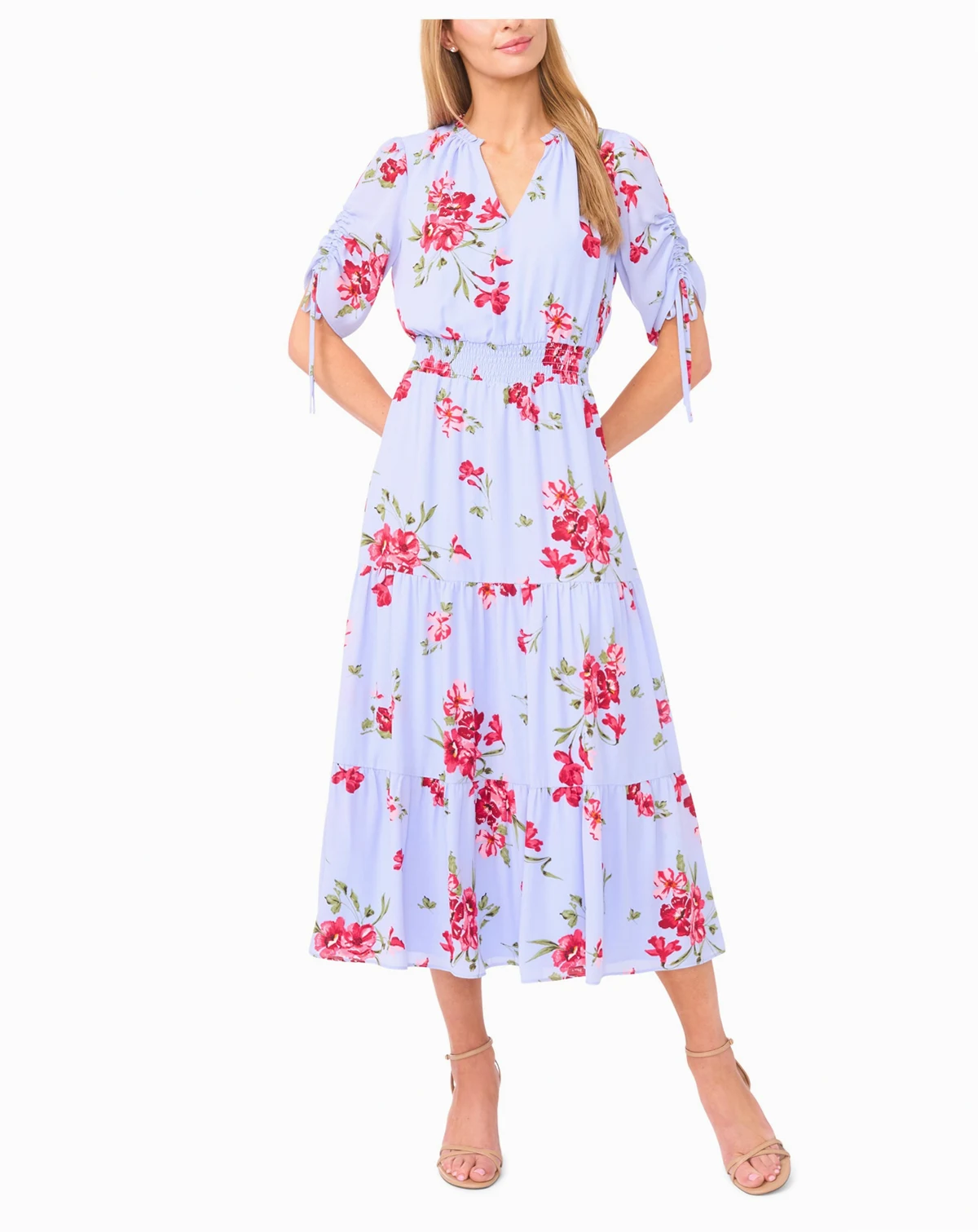 Women's Smocked Waist V-Neck Midi Dress