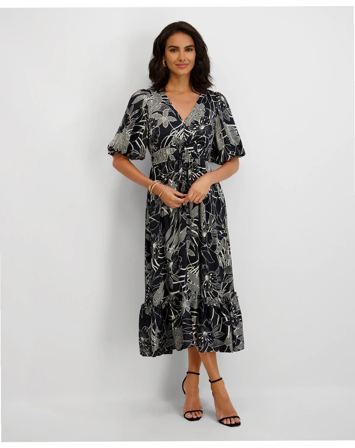 Women's Floral-Print Puff-Sleeve Maxi Dress