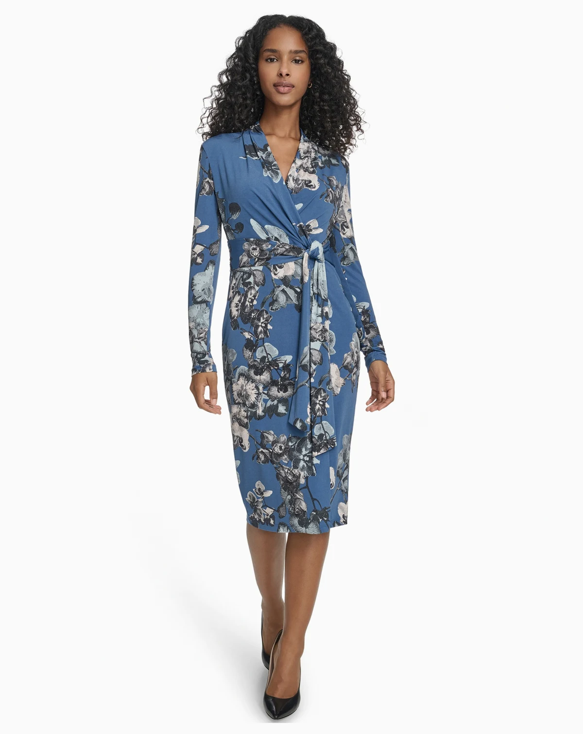 Women's Printed Surplice V-Neck Midi Dress