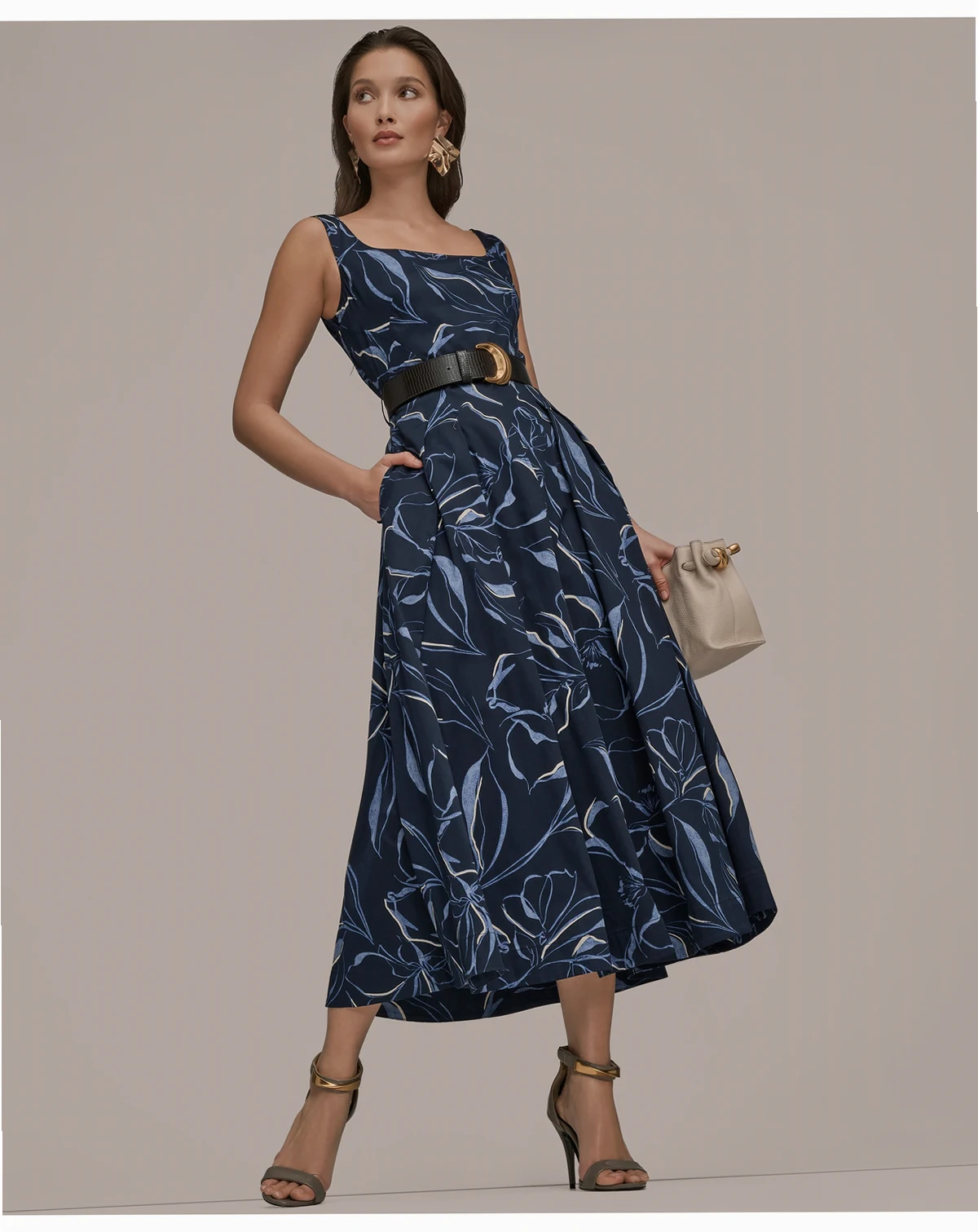 Women's Square Neck Belted A-Line Dress