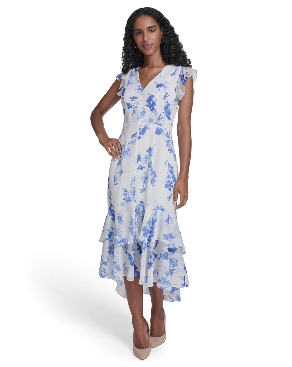 Women's Flutter-Sleeve V-Neck Midi Dress
