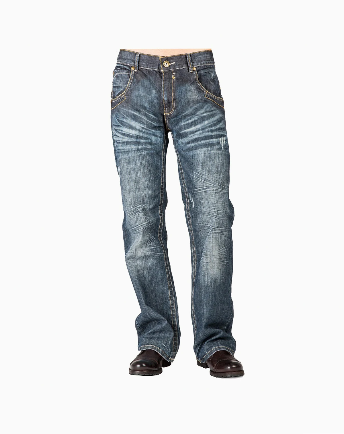 Men's Relaxed Bootcut Denim Distressed Jeans with Zipper Pocket