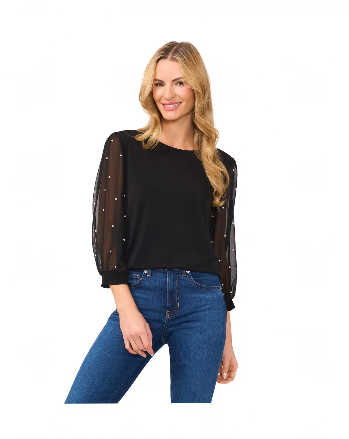 Women's Mixed Media Imitation-Pearl-Stud Top